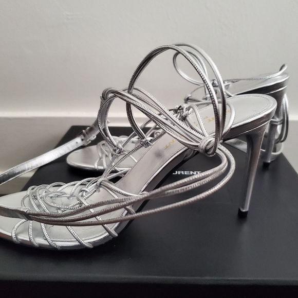 NIB SAINT LAURENT Robin 85 Metallic Argento Strappy High Heel Sandals sz 37 - Picture 7 of 12